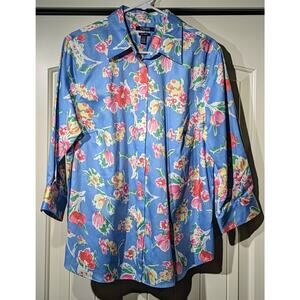 CHAPS No Iron 3/4 Sleeve Button Up Blue Floral Blouse NWOT Womens Sz 1X